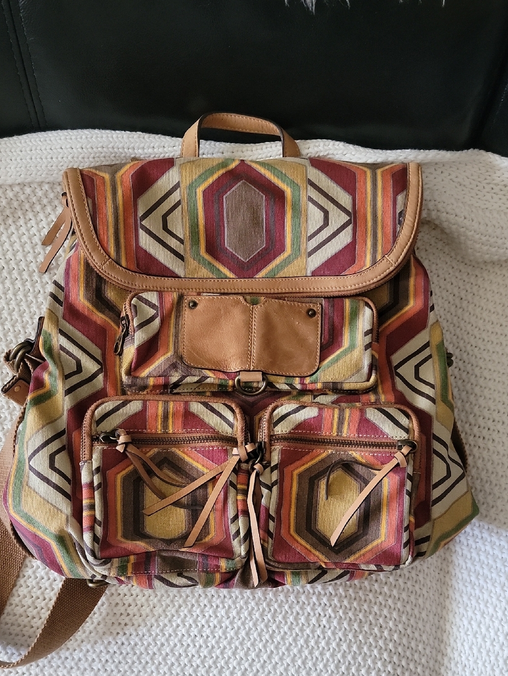 ✨️ GUC Anthropologie Hayden Harnett Fabric Leather Backpack Geometric Retro